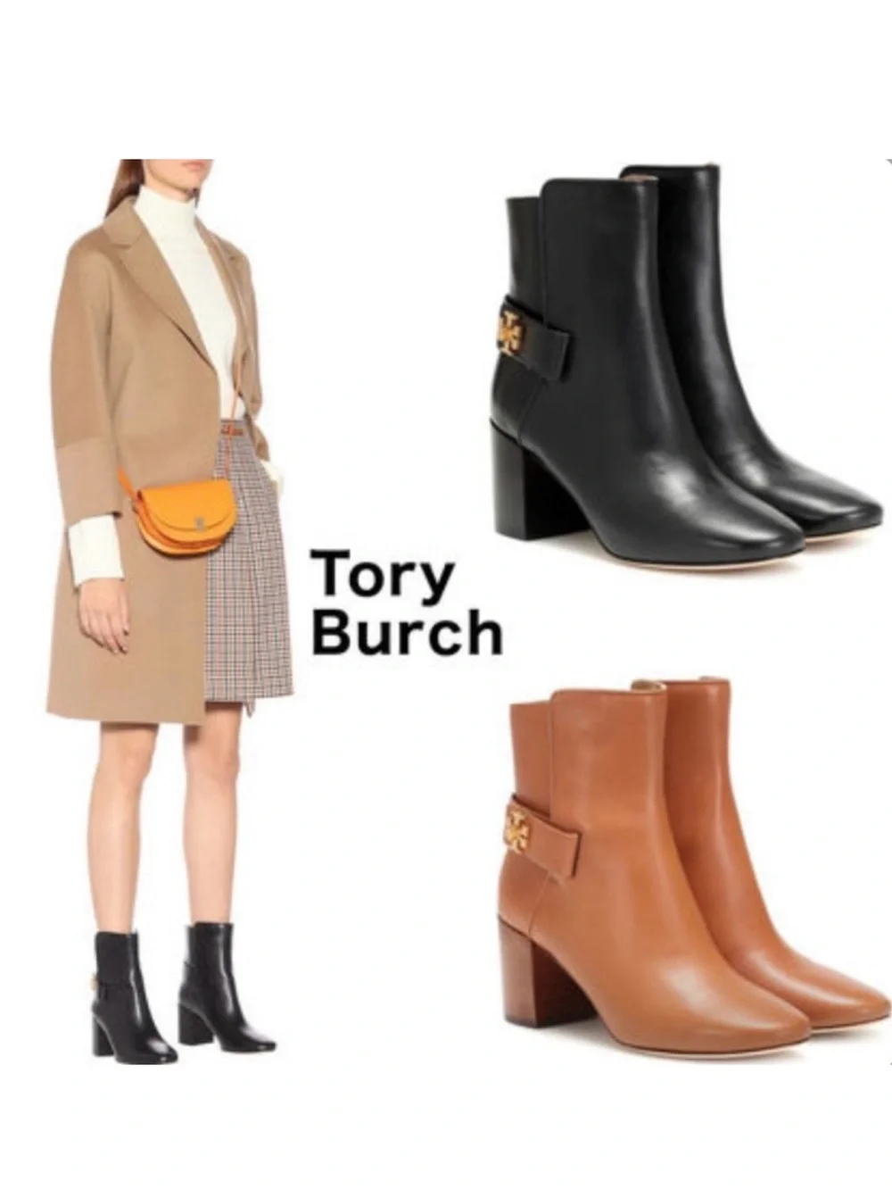 Tory Burch Black Leather Block Heel Ankle Booties with Gold Logo